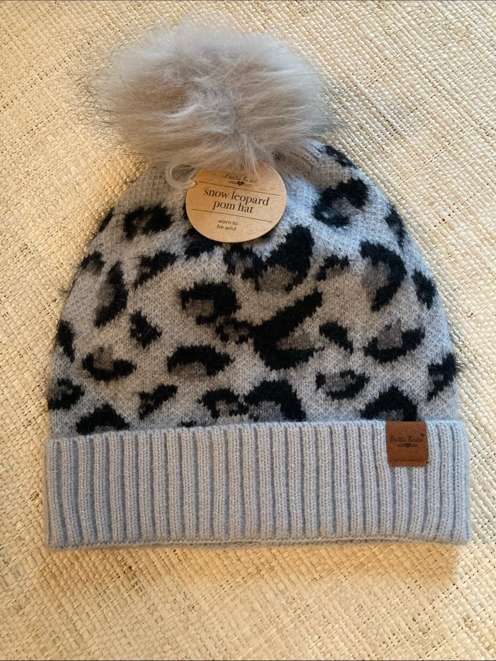 Britt’s & Knots Faux Fur Pom Leopard Knit Beanie - Light Gray NWT